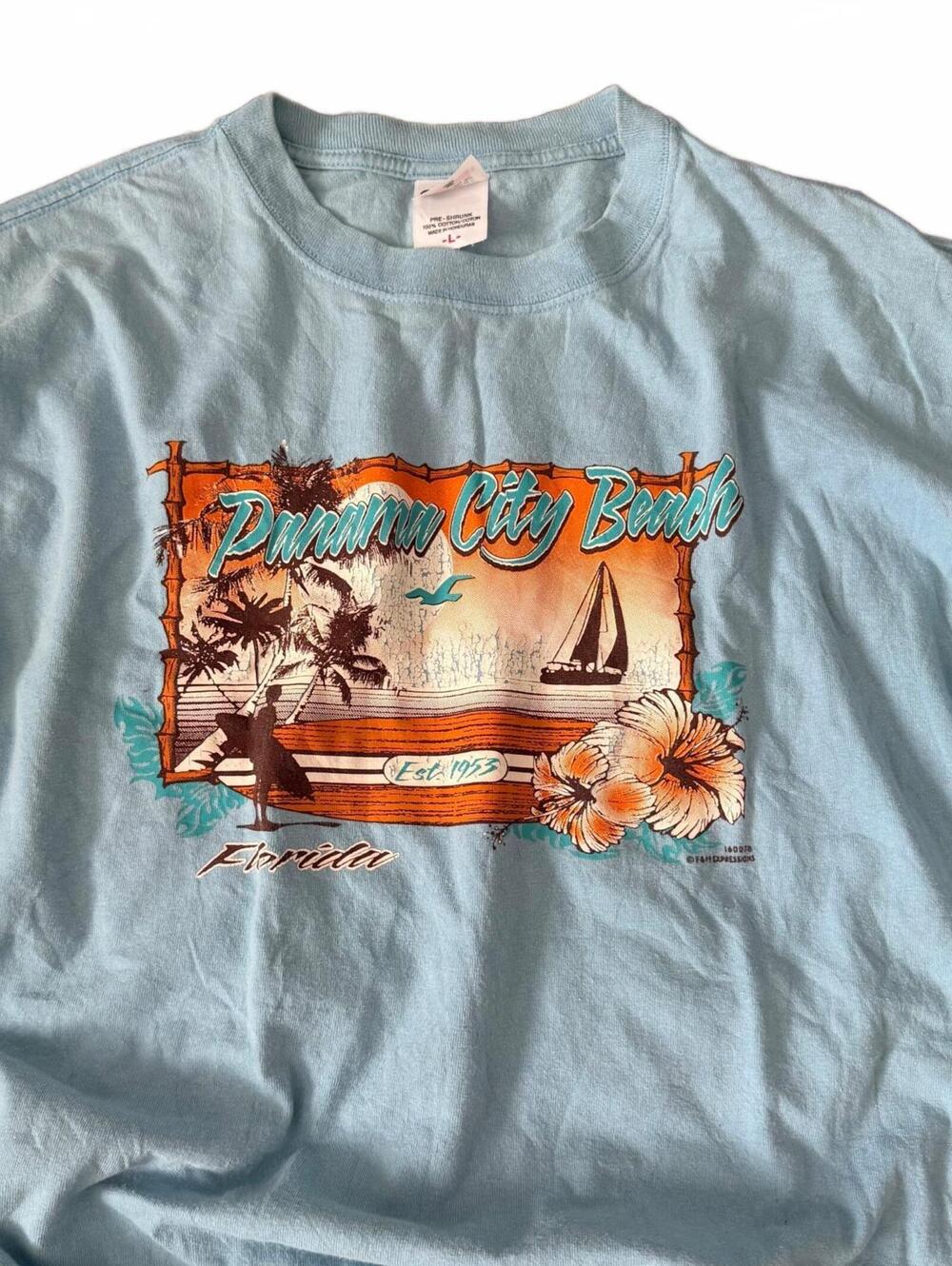 Vintage Panama City Beach Florida Graphic T-Shirt Large Blue Anvil Beach Y2K